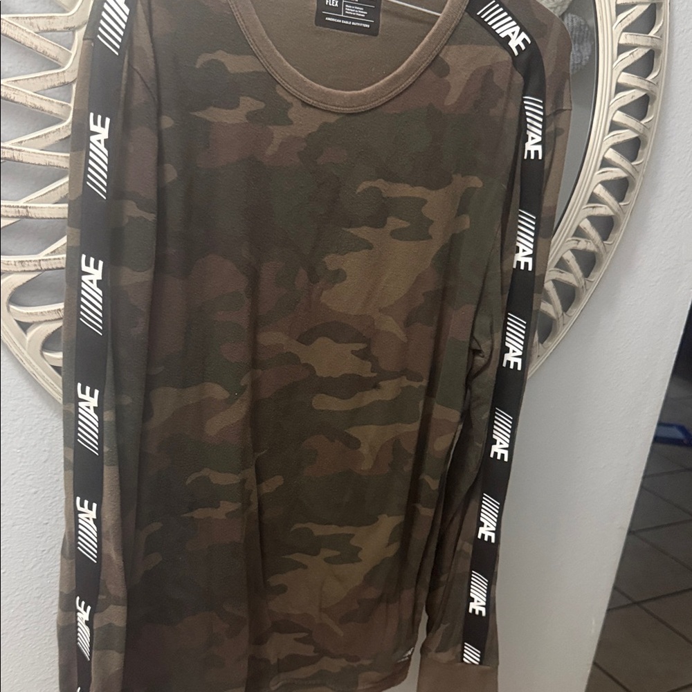 American Eagle Outfitters Olive Camo Long-Sleeve Tee with AE Sleeve Tape